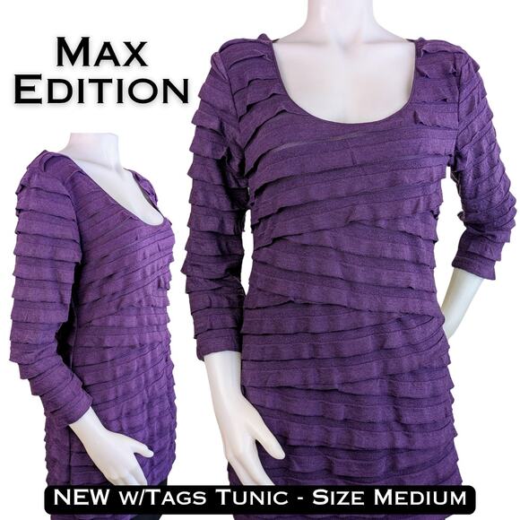 New Max Edition Tunic Top Medium  Purple Shutter Ruffle Scoop Neck 3/4 Sleeve - Picture 1 of 10